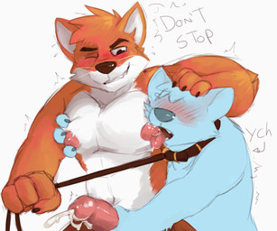 4_fingers anthro big_nipples blush bodily_fluids chest_grab countershading cum cumshot duo ejaculation fingers genital_fluids genitals handjob humanoid_genitalia humanoid_penis leash leash_pull licking looking_at_another looking_at_partner male male/male navel nipple_fetish nipple_lick nipple_play nipples nude one_eye_closed orgasm pecs penile penis sex simple_background smile smirk standing tongue tongue_out white_background pache_riggs ych_(character) canid canine canis fox mammal wolf 2019