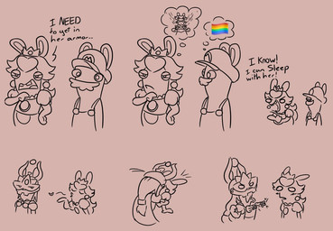 anthro armor bent_arm blowing_kiss blush blush_lines bottomless bottomless_anthro bottomless_female breastplate brown_body brown_cape brown_clothing brown_ear_piercing brown_eyes brown_facial_hair brown_fur brown_hair brown_hair_tie brown_hat brown_headwear brown_helmet brown_mustache brown_overalls brown_shirt brown_tongue brown_topwear buckteeth button_(fastener) cape closed_frown clothed clothed_anthro clothed_female clothed_male clothing crown dialogue ear_piercing empty_eyes facial_hair female female/female fist frown fur furrowed_eyebrows gatling_gun group gun hair hand_on_hip hand_on_own_hip hat headgear headwear helmet horn horned_helmet lgbt_pride long_ears long_hair looking_at_another machine_gun male mitten_hands motion_lines mouth_closed mustache narrowed_eyes no_pupils noseless overalls piercing pride_colors queen rainbow_flag rainbow_pride_flag rainbow_symbol ranged_weapon royalty shirt shirtless_anthro shirtless_male simple_background squint surprise_kiss surprised teeth text thinking thought_bubble tongue topwear trio weapon yelling insert-thenewbl-here i_know_what_you_are mario_bros mario_plus_rabbids_kingdom_battle nintendo raving_rabbids rayman_(series) ubisoft lava_queen rabbid_mario rabbid_peach lagomorph mammal rabbid 2024 crossover digital_drawing_(artwork) digital_media_(artwork) english_text meme multiple_scenes