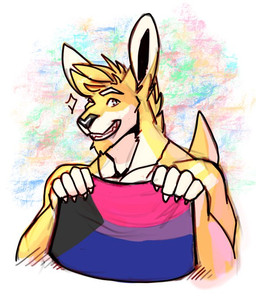 abstract_background anthro bisexual_pride_colors black_nose blonde_hair flag flag_(object) front_view fur glistening glistening_eyes grin hair holding_flag holding_object lgbt_pride male male_anthro pride_colors short_hair smile solo tail white_body white_fur white_tail yellow_body yellow_fur yellow_tail solaxe_(artist) solaxe kangaroo macropod mammal marsupial bust_portrait portrait