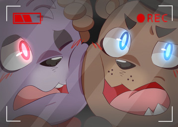 angry anthro biped black_nose blue_eyes blush bow_(feature) bow_tie buckteeth camera camera_view cheek_to_cheek chinese close-up duo embarrassed fangs glowing glowing_eyes head_tuft kemono looking_at_another looking_away looking_up machine male one_eye_closed open_mouth pink_tongue predator/prey recording red_eyes squish teeth tongue tuft video_camera mitu_mao five_nights_at_freddy's scottgames bonnie_(fnaf) freddy_(fnaf) animatronic bear lagomorph leporid mammal rabbit robot 2015 digital_media_(artwork) headshot_portrait hi_res portrait