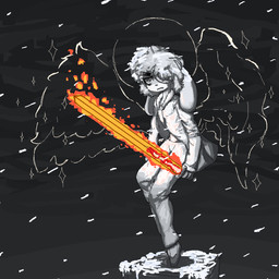 angry anthro clothing eye_patch eyebrows eyewear fire floating fluffy fluffy_hair glowing hair halo jacket male melee_weapon night scar slim snow solo sword thick_eyebrows topwear weapon wings commonbleat angel lagomorph leporid mammal rabbit 1:1 aliasing binary_drawing digital_drawing_(artwork) digital_media_(artwork) greyscale hi_res monochrome