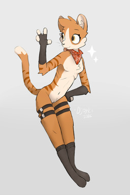4_fingers anthro armwear breasts clothing elbow_gloves female fingers flat_chested footwear fur genitals gloves hand_on_hip handwear harness kerchief legband looking_at_hand nipple_outline orange_body orange_fur skinny small_breasts socks solo striped_body stripes tongue tongue_out vulva yellow_eyes =djoyk= domestic_cat felid feline felis mammal 2:3 absurd_res hi_res