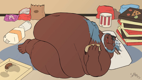 anthro belly big_belly bloated body_hair brown_body brown_fur chest_hair eating eating_food food fur holding_object hyper lying male moobs navel nude obese obese_anthro obese_male on_back overweight overweight_anthro overweight_male sleeping sleeping_nude solo stuffing thick_thighs sato_leone mordechai mammal rhinoceros 16:9 2d_animation animated frame_by_frame hi_res widescreen