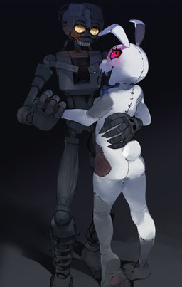 ambiguous_gender anthro bow_tie breasts butt clothed clothing costume duo female hand_holding hand_on_back hug looking_at_another looking_at_viewer machine patch_(fabric) red_sclera standing whiskers suspendedpain five_nights_at_freddy's five_nights_at_freddy's:_security_breach scottgames steel_wool_studios the_mimic_(fnaf) vanny_(fnaf) animatronic lagomorph leporid mammal rabbit robot absurd_res digital_media_(artwork) hi_res shaded