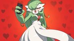 breasts eyelashes eyes_closed female fingers green_hair hair hair_over_eye heart_background holding_object medium_breasts one_eye_obstructed open_mouth red_background simple_background teeth tongue white_body white_breasts white_face white_skin drunk_oak nintendo pokemon gardevoir generation_3_pokemon humanoid pokemon_(species) 16:9 2023 hi_res widescreen