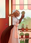 anthro apron brown_body brown_fur clothing dress ear_tuft female flower flower_shop fur hair holding_object plant plant_pot solo store tuft white_hair morgdl saoirse_(allen_fuller) domestic_cat felid feline felis mammal absurd_res hi_res story story_in_description