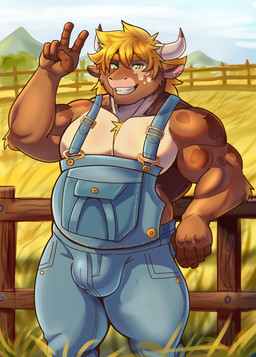 against_fence against_surface anthro barazoku biped blonde_hair brown_body brown_fur bulge clothed clothed_anthro clothed_male clothing day ear_piercing eyebrow_through_hair eyebrows fence fingers front_view fur gesture grass green_eyes hair hand_gesture horn humanoid_hands leaning_on_object looking_at_viewer male markings medium_hair mountain muscular muscular_anthro muscular_arms muscular_legs muscular_male outside overalls piercing plant smile solo spots spotted_markings standing tan_body tan_fur translucent translucent_hair v_sign darolion bovid bovine cattle mammal 2025 hi_res portrait three-quarter_portrait