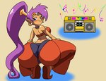 big_butt boombox breasts butt clothed clothing female hair looking_back not_furry purple_hair simple_background solo roga141 shantae_(series) wayforward shantae genie humanoid mammal 2022 absurd_res hi_res