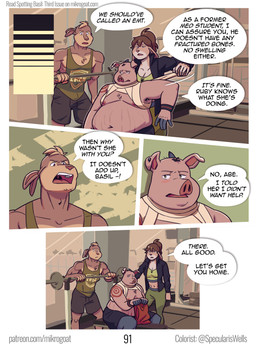 anthro armpit_hair athletic athletic_anthro athletic_male bandage blonde_hair body_hair bottomwear breasts clothed clothed_anthro clothed_female clothed_male clothing dialogue ear_piercing eyebrows female fur group hair holding_clothing holding_object holding_shirt holding_tank_top holding_topwear horn jacket male navel nipples overweight overweight_anthro overweight_male piercing pink_body pink_fur pink_skin shirt shorts stretch_marks tank_top teeth text tongue topless topless_anthro topless_male topwear trio mikrogoat abe_(mikrogoat) basil_(mikrogoat) ruby_(mikrogoat) domestic_pig lagomorph leporid mammal rabbit suid suine sus_(pig) comic english_text hi_res url