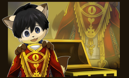 3_fingers anthro armor black_hair black_nose blue_eyes brown_body brown_fur cloak clothing fingers fur golden_clothing hair holding_clothing holding_object magic male open_chest open_mouth possessed_clothing red_cloak red_clothing smile solo tan_body tan_fur treasure treasure_chest young yojoo liam_niedlich animate_inanimate canid canine canis fox living_clothing mammal