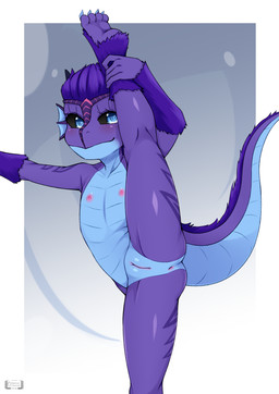 anthro anus blush butt female flat_chested genitals hair looking_at_viewer nipples nude purple_body short_hair smile solo spread_legs spreading tail vulva young young_anthro young_female oozutsu_cannon scalie 2026 absurd_res hi_res