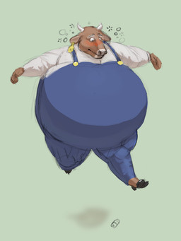 anthro belly belly_inflation big_belly blush body_inflation bottle brown_body brown_fur clothed clothing container ear_piercing ear_tag floating fur hooves horn inflation looking_down male overalls piercing solo squean azspicedjason bovid bovine cattle mammal 3:4 hi_res