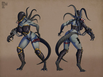 armor big_breasts big_butt black_bottomwear black_clothing black_topwear bottomwear breasts brown_background butt clothing digitigrade female front_view grey_body headgear helmet leg_armor pseudo_hair rear_view simple_background solo tail tentacle_hair tentacles thick_thighs topwear wide_hips midevil warhammer_(franchise) warhammer_40000 alien alien_humanoid genestealer humanoid tailed_humanoid tyranid 4:3 hi_res
