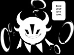 dialogue female genitals horn looking_at_viewer pussy ring smile solo speech_bubble text conditional_dnp exed_eyes undertale undertale_(series) astigmatism monster black_and_white english_text monochrome