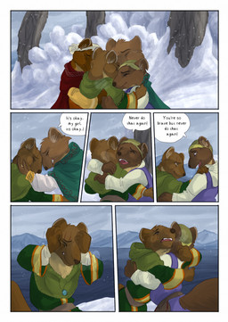ambiguous_gender anthro bodily_fluids brown_body brown_fur brown_tail clothed clothing cloud cloudy_sky day dialogue dialogue_box eyes_closed female fur hug open_mouth open_smile outside scar sky smile snow speech_bubble tail tears text bjekkergauken mithra_(bjekkergauken) shadi_(bjekkergauken) shirin_(bjekkergauken) gulonine mammal marten mustelid musteline pine_marten 2025 colored comic english_text hi_res