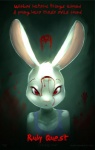 3_eyes anthro blood blue_clothing blue_shirt blue_topwear bodily_fluids clothing female fur looking_at_viewer multi_eye ouch poster poster_template red_eyes runes shirt solo tears text topwear white_body white_fur dawkz ruby_quest ruby_(rq) lagomorph leporid mammal rabbit english_text