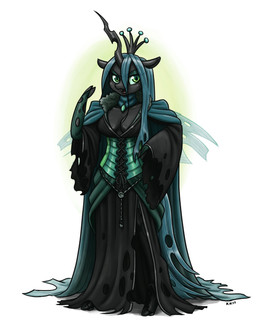 anthro black_body black_clothing black_skin breasts cleavage cloak clothed clothing corset crown dress eyeshadow female green_eyes green_eyeshadow green_hair hair headgear hoof_hands hooves horn insect_wings lingerie long_hair makeup open_mouth simple_background solo topwear unguligrade white_background wings king-kakapo friendship_is_magic hasbro my_little_pony mythology queen_chrysalis_(mlp) arthropod changeling_(mlp) equid equine mammal mythological_creature mythological_equine 2017 full-length_portrait hi_res portrait