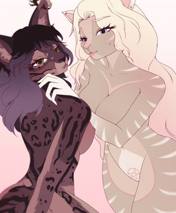 anthro areola biped black_hair blonde_hair blue_eyes breasts cheek_piercing duo ear_piercing eyebrows eyelashes facial_piercing female female/female fur furgonomic_piercing furgonomics gradient_background green_eyes hair hand_on_partner inner_ear_fluff leopard_spots lip_piercing long_hair markings multicolored_hair muzzle_piercing navel nipples nose_piercing occult_symbol pentagram piercing pink_inner_ear pink_nose purple_hair simple_background spots striped_body striped_fur striped_markings stripes symbol tan_body tan_fur tuft two_tone_hair unsigned v3nusbby felid mammal 2021 digital_media_(artwork) hi_res