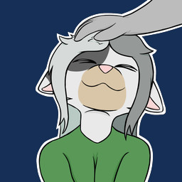 ambiguous_gender anthro biped clothing disembodied_hand duo ears_down eyes_closed front_view fur green_clothing green_shirt green_topwear grey_body grey_fur grey_hair hair hand_on_head headpat outline pivoted_ears shirt simple_background solo_focus topwear transparent_background white_body white_fur white_hair white_outline mxij rin_kageruya_(mxij) domestic_cat felid feline felis mammal 1:1 2026 alpha_channel