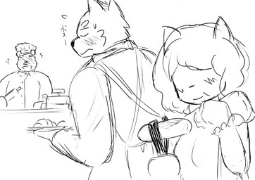 anthro apron biped blush bodily_fluids bread chef_hat clothing food group hat headgear headwear kemono male shirt sweat text topwear hayahaya bear canid canine canis domestic_dog mammal 2021 absurd_res hi_res japanese_text monochrome sketch