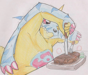 ambiguous_gender animal_skin anthro beef belly cutlery eating food fork horn kitchen_utensils knife meat moobs red_eyes simple_background slightly_chubby solo steak tools white_background tabasukotrr bandai_namco digimon digimon_(species) gabumon hi_res traditional_media_(artwork)