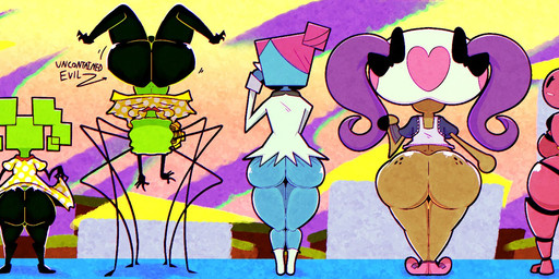 abstract_background accessory anthro armless armwear back_boob band-aid bandage bedroom_eyes big_butt black_crown black_eyes black_tail blonde_hair blue_body blue_breasts boots bottomless bottomless_anthro bottomless_male bow_ribbon bow_tie breasts brown_body brown_skin butt butt_size_difference clothed clothing clothing_lift crown dress dress_lift elbow_gloves eyelashes eyewear fake_cat_ears fake_ears fake_rabbit_ears female footwear freckled_butt freckles fur fuse gear ghost_tail glasses gloves green_body green_hair green_shell group hair hair_accessory hair_bow hair_ribbon hand_holding hands_on_own_hips handwear hat headgear headwear holding_fan holding_object huge_butt humanoidized legwear long_hair looking_at_another looking_at_viewer looking_back looking_back_at_viewer male male_anthro narrowed_eyes nude nude_female nude_humanoid open_mouth open_smile pigtails pink_body pink_breasts pink_clothing pink_footwear pink_hair pink_shoes ponytail purple_body purple_hair rear_view red_armwear red_bow red_bow_tie red_clothing red_elbow_gloves red_gloves red_hair_bow red_handwear red_legwear red_thigh_boots red_thigh_highs ribbons scales seductive shell shoes smile square_head standing tail tan_body thick_thighs thigh_boots thigh_highs tongue tongue_out twin_bows twin_hair_bows upside_down white_body white_boots white_clothing white_ears white_footwear white_fur white_gloves white_handwear white_sclera white_shoes wide_hipped_anthro wide_hipped_female wide_hipped_humanoid wide_hipped_male wide_hips witch_hat yellow_body yellow_clothing yellow_dress yellow_scales kumoken mario_bros nintendo paper_mario paper_mario:_the_thousand_year_door paper_mario_(2000) bombette goombella koopie_koo lady_bow mimi_(paper_mario) nastasia queen_jaydes animate_inanimate arachnid arthropod bob-omb boo_(mario) ghost goomba humanoid koopa little_mouser living_bomb mammal monster mouse murid murine rodent scalie shadow_siren spider spirit toad_(mario) 2026 absurd_res digital_media_(artwork) hi_res long_image wide_image