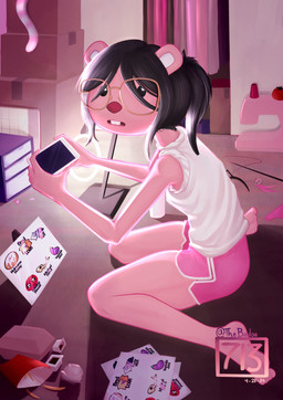 anthro beady_eyes black_hair bottomwear buckteeth clothing electronics eyewear female food fries fur glasses hair holding_object holding_phone kneeling phone pink_body pink_fur red_nose ring_light shorts solo sticker teeth 713_(artist) chicas_que_lucen_asi_tienen_permiso_de_arruinarme_la_vida pororo_the_little_penguin loopy_(pororo) beaver mammal rodent 2024 absurd_res hi_res