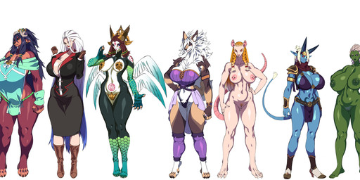 anthro big_breasts breasts clothed clothing female fingers genitals group hair horn huge_breasts lineup nipples nude simple_background standing tail thick_thighs vulva white_background wings jijis-waifus mythology bovid canid canine canis caprine deer dragon equid equine goat horse human humanoid hybrid kobold lagomorph leporid mammal mouse murid murine mythological_creature mythological_scalie orc rabbit rodent scalie unknown_species wolf absurd_res hi_res long_image wide_image