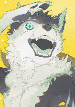 anthro black_body black_fur black_pawpads countershade_face countershade_fur countershade_torso countershading eyebrows fangs fingerpads fur looking_up male nude_anthro nude_male open_mouth open_smile pawpads pupils raised_arm ringed_iris shielding_eyes simple_background smile solo tail teal_eyes teal_pupils teeth thin_eyebrows tongue_showing white_body white_countershading white_eyebrows white_fur white_sclera yellow_background chiayeeee canid canine canis mammal wolf 2024 absurd_res bust_portrait chromatic_aberration digital_drawing_(artwork) digital_media_(artwork) hi_res portrait