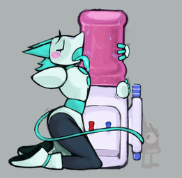 1_eye android angry animate_inanimate black_body blue_hair blue_mouth blue_tongue blush blush_lines bodily_fluids boots clothing container cup cuptain dark_body darkner deltarune envious felid feline female floating_hands footwear freaky_frohicky hair hi_res hug kneeling licking machine mammal meme robot shoes sideless_dress simple_background solo sweat sweatdrop tasque_manager tongue undertale_(series) water_cooler watercooler_(deltarune) white_body