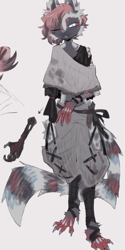 5_fingers ambiguous_gender anthro barefoot clothed clothing feet fingers fully_clothed fur grey_body grey_fur hair humanoid_hands kemono missing_arm multicolored_body multicolored_fur multicolored_tail open_mouth open_smile pink_hair smile solo standing tail white_eyes zhang_gun canid canine mammal 2023 hi_res