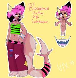 anthro belt black_hair_tip bottomwear claws clothing collar female fur furgonomic_piercing furgonomics hair heart_symbol horn horn_piercing horn_ring_(piercing) lgbt_pride multicolored_body multicolored_fur navel omnisexual_pride_colors pants piercing pink_body pink_hair pride_colors purple_tongue ring_piercing shirt solo spiked_collar spikes standing star_symbol stinger tail tongue tongue_out topwear transgender_pride_colors vixxers bloodymiki_(vixxers) absurd_res hi_res model_sheet trans_(lore)