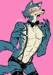 abs anthro belly black_claws blush bottomwear bow_tie claws clothing countershading fur grey_body grey_fur hotpants looking_at_viewer male muscular muscular_anthro muscular_male pink_background shorts simple_background solo suspenders tan_belly louie_(pixiv) beastars legoshi_(beastars) canid canine canis mammal wolf 2020