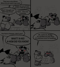 accessory anthro blush bottomwear clothing dialogue duo duo_focus embarrassed group male male/male necktie overweight overweight_male question_mark shirt shorts sitting suspenders text topwear bencomedion beastly_crimes beastly_crimes_(2024) chief_badger fan_character badger capybara caviid mammal mustelid musteline rodent 2026 comic english_text hi_res