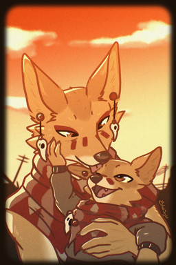 age_difference anthro brown_body brown_fur clothed clothing cute_fangs daww duo ear_piercing face_lick facial_markings fangs female fur happy head_markings licking markings mature_female older_female piercing smile teeth tender tenderness tongue young young_anthro younger_female blindsight_(artist) laika_aged_through_blood laika_(laika_aged_through_blood) puppy_(laika_aged_through_blood) canid canine canis coyote mammal 2025 2:3 hi_res warm_colors daughter_(lore) mother_(lore) mother_and_child_(lore) mother_and_daughter_(lore) parent_(lore) parent_and_child_(lore) parent_and_daughter_(lore)