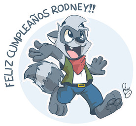 anthro blue_bottomwear blue_clothing blue_pants bottomwear clothed clothing fangs fur glistening glistening_eyes gloves_(marking) grey_body grey_fur head_tuft kerchief logo male markings neckerchief neckwear open_clothing open_mouth open_smile open_topwear pants pink_tongue red_kerchief red_neckerchief smile solo teeth tongue topwear tuft walking young young_anthro young_male pandapaco mammal procyonid raccoon 2015 artist_logo signature
