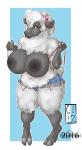 anthro areola big_areola big_breasts bottomwear breasts clothed clothing denim denim_bottomwear denim_clothing denim_shorts female fur hooves huge_areola huge_breasts nipples shorts simple_background smile solo topless white_body white_fur cryptozoo bovid caprine mammal sheep 2019 digital_media_(artwork)