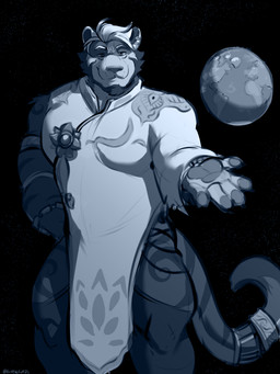 anthro beard clothed clothed_anthro clothed_male clothing ear_cuff ear_piercing earth_(planet) facial_hair facial_markings head_markings looking_at_viewer macro macro_anthro macro_male male markings muscular muscular_anthro muscular_male piercing planet restraints solo tail blurthefur kygehn felid mammal pantherine tiger 3:4 absurd_res greyscale hi_res monochrome