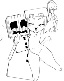 4_fingers anthro armor breasts claws duo eyebrows eyelashes eyes_closed female female_anthro finger_claws fingers for_a_head genitals hair hand_on_another's_shoulder hand_on_shoulder headgear headgear_only helmet helmet_only holding_object holding_pickaxe humanoid_genitalia humanoid_vulva male male/female male_humanoid mostly_nude_anthro mostly_nude_female navel nipples open_mouth open_smile pumpkin_head raised_arm simple_background small_breasts smile snow square_(anatomy) square_head tail tongue vulva white_background imaspacebar microsoft minecraft mojang xbox_game_studios imaspacebar_(character) domestic_cat elemental_creature felid feline felis golem_(minecraft) humanoid mammal mineral_fauna object_head snow_creature snow_golem_(minecraft) 2025 digital_drawing_(artwork) digital_media_(artwork) monochrome