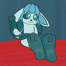 3_toes :3 anthro arm_across_belly blue_body blue_eyes blue_fur ears_down facing_forward feet foot_fetish foot_focus fur male paws pivoted_ears simple_background sitting soles solo toes ticklebunny nintendo pokemon eeveelution generation_4_pokemon glaceon pokemon_(species) 1:1 hi_res