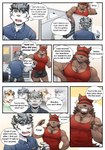 anthro bottomwear clothing dialogue hat headgear headwear male shirt shorts tank_top text topwear h155296 gym_pals boss_(gym_pals) myosotis_(gym_pals) pal_(gym_pals) canid canine canis felid mammal pantherine tiger wolf comic english_text hi_res