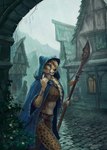 anthro braided_hair cape clothing detailed_background fantasy female hair halberd hood_up medieval_architecture melee_weapon midriff polearm raining solo town weapon saterina cheetah felid feline mammal hi_res