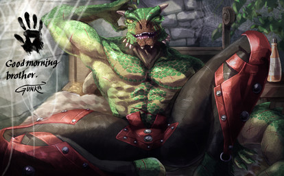 abs anthro armor bed bodypaint bottomwear clothed clothing detailed_background face_paint facial_scar furniture green_body green_scales horn leaf leather leather_armor looking_at_viewer male on_bed pants pants_only pecs scales scar smile solo spider_web stone_wall tail text thick_tail topless triceps wall_(structure) wounded yellow_eyes gunka bethesda_game_studios microsoft skyrim the_elder_scrolls the_dark_brotherhood_(the_elder_scrolls) veezara argonian scalie 2023 english_text