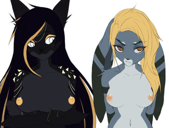 annoyed anthro big_breasts black_body black_nose blonde_hair blonde_highlights blue_body blue_fur breasts brown_eyes countershading crossed_arms duo female fur grey_body grey_countershading grey_fur grumpy hair hands_behind_back highlights_(coloring) long_hair looking_aside looking_at_another monotone_hair multicolored_body multicolored_fur multicolored_hair nipples orange_nipples scene_haircut two_tone_body two_tone_fur two_tone_hair white_eyes yellow_nipples rofortyseven mythology darkness_(deathbymc) tali_(deathbymc) dragon lagomorph leporid mammal mythological_creature mythological_scalie rabbit scalie 2019 digital_media_(artwork) half-length_portrait portrait