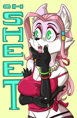 anthro black_nose breasts cleavage clothed clothing dialogue female fur gloves_(marking) hair markings open_mouth pink_body pink_fur pink_hair ring solo text daigaijin canid mammal 2026 english_text hi_res