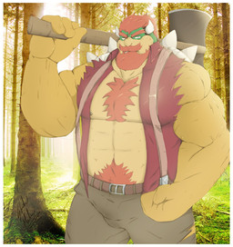 anthro axe barazoku barely_visible_nipples beard belt body_hair border bottomwear chest_hair clothed clothing detailed_background eyebrows facial_hair forest hair happy_trail horn looking_at_viewer lumberjack male melee_weapon muscular muscular_anthro muscular_male nipple_piercing nipples open_clothing open_topwear open_vest outside pants piercing plant shell solo spiked_shell spikes spikes_(anatomy) standing suspenders topwear tree vest weapon white_border shadowmatamori mario_bros nintendo bowser koopa scalie 2020 hi_res signature