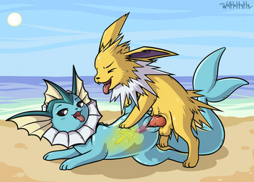animal_genitalia animal_penis balls beach blue_body blue_fur blush bodily_fluids canine_genitalia canine_penis clitoris cute_fangs day duo ear_fins eyes_closed fangs female female_peeing female_penetrated feral feral_on_feral feral_penetrated feral_penetrating feral_penetrating_feral fin fur genital_fluids genitals head_fin knot looking_at_genitalia looking_at_penis looking_pleasured lying male male/female male_penetrating male_penetrating_female on_side open_mouth outside paws peeing peeing_inside penetration penile penile_penetration penis penis_in_vagina pink_penis sand seaside sex spiky_fur sun tail tail_fin teeth tongue tongue_out translucent translucent_body urine urine_in_pussy vaginal vaginal_penetration vulva water watersports yellow_body yellow_fur wolfluffyfly nintendo pokemon canid canine eeveelution generation_1_pokemon jolteon mammal pokemon_(species) vaporeon 2020 digital_media_(artwork) shaded