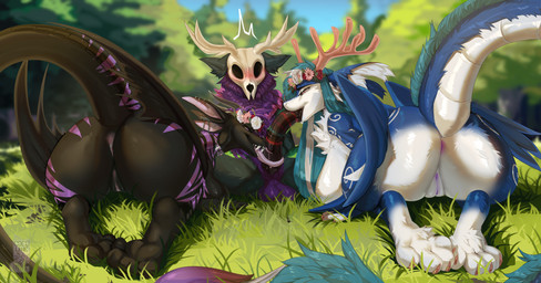 4_toes anthro anthro_on_anthro antlers anus balls black_body black_tail blue_body blue_fur blue_hair blue_tail blush bone breasts butt claws day feet fellatio female forest front_view fur genitals group hair horn male male/female open_mouth oral outside penile penis plant purple_eyes rear_view sex skull skull_head sky tail teeth toe_claws toes tongue tongue_out tree trio vulva wings cocoline_(artist) mythology dragon mammal mythological_creature mythological_scalie scalie 2024 digital_media_(artwork) hi_res