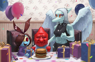 1_eye abs amber_eyes anthro athletic athletic_anthro athletic_female balloon birthday blue_body blue_eyes blue_skin braided_hair breasts brown_hair burger cutlery detailed_background elbow_feathers eyelashes eyeliner feathered_wings feathers female fingers food fork gift grey_body grey_hair grey_scales group hair happy_birthday inflatable inside kitchen_utensils knife long_hair makeup male midriff muscular muscular_anthro muscular_female navel red_body red_eyes red_skin scales smile snout tools trio wings spryavalanche cavemanon_studios goodbye_volcano_high ko_op_(game_developer) snoot_game fan_character fang_(gvh) cyclops humanoid prehistoric_species pterosaur reptile scalie 2023 absurd_res digital_drawing_(artwork) digital_media_(artwork) hi_res meme