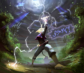 3_toes action_pose anthro barefoot belt blood blood_on_clothing bodily_fluids bottomwear bracelet clenched_teeth clothing collar denim denim_bottomwear denim_clothing detailed_background electricity feet female fur head_tuft jeans jersey jewelry lightning lightning_bolt long_sleeve_shirt long_tail looking_up low-angle_view markings pants plant pointy_ears pose raised_arm shirt shrub sky solo speech_bubble spread_legs spreading storm striped_markings stripes tail teeth text toes topwear torn_bottomwear torn_clothing torn_jeans torn_pants tuft yellow_body yellow_fur ruffu pepper_in_the_sandbox pepper_(ruffu) felid feline mammal serval 2025 colored detailed digital_drawing_(artwork) digital_media_(artwork) filipino_text shaded translated